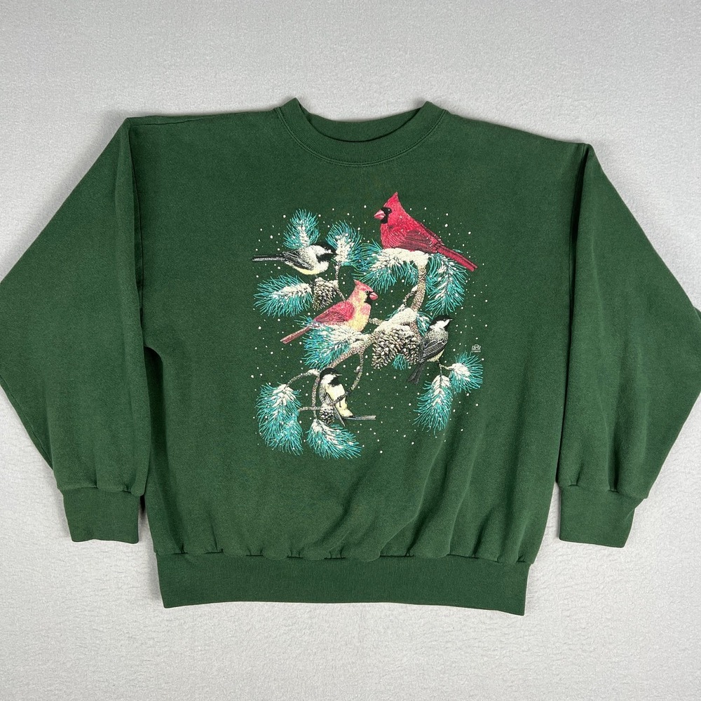 Vtg Winter Backyard Birds Sweatshirt Fits Large Nature 1990s Cardinal Chickadee